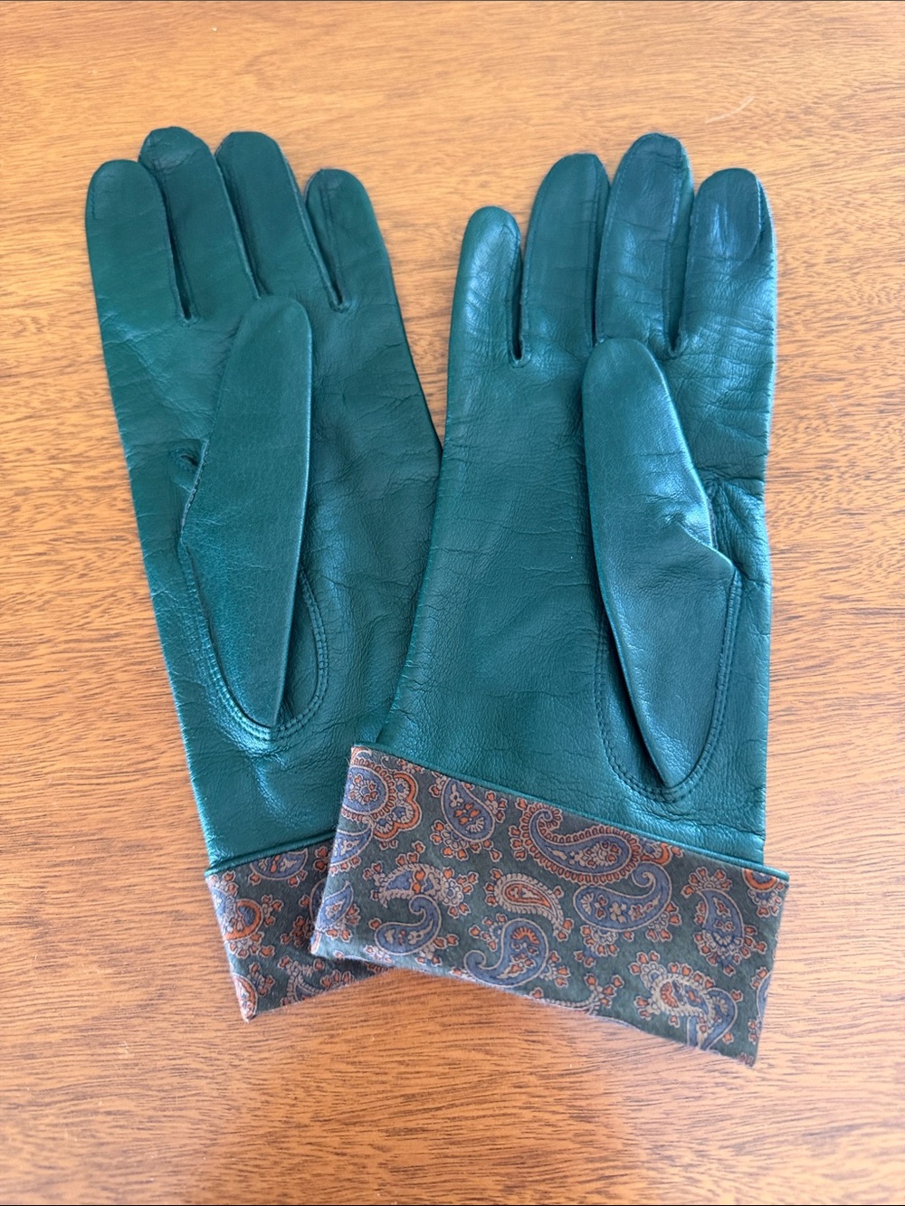 Vintage Leather Gloves from Italy - Green with Paisley Cuff